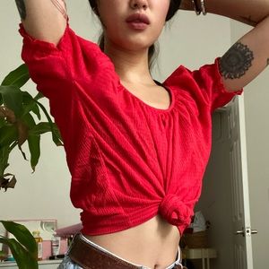 Madewell textures puff sleeve red crop top